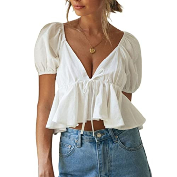 Stylish Remidoo Puff Sleeve Peplum Crop Top for Women