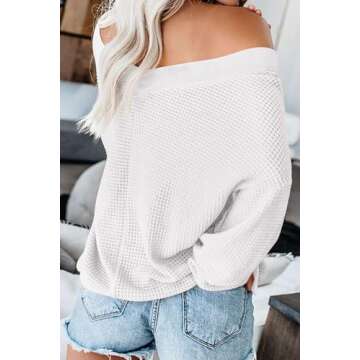 ReachMe Womens Oversized Off The Shoulder Tops Long Sleeve Waffle Knit Shirt Drop Shoulder Sweater Top(White,L)