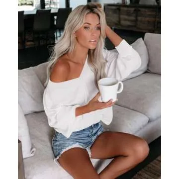 ReachMe Womens Oversized Off The Shoulder Tops Long Sleeve Waffle Knit Shirt Drop Shoulder Sweater Top(White,L)