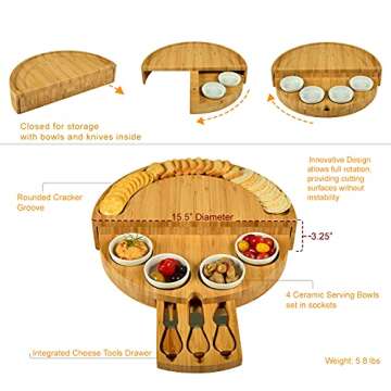 Picnic at Ascot Deluxe Bamboo Cheese/Charcuterie Board with Accessories- Innovative Patented Design ...