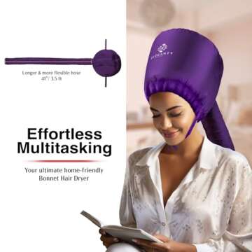 Bonnet Hair Dryer - Integrated Elastic Headband That Reduces Heat Around Ears & Neck - Hood Hairdryer Attachment for Curly Hair - Easy to Use for Deep Conditioning and Fast Hair Drying (Purple)