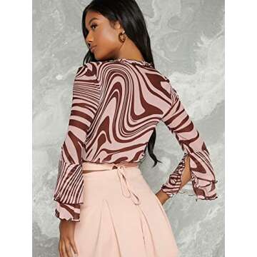 SOLY HUX Women's V Neck Lettuce Trim Button Front Long Sleeve Mesh Crop Top Blouse Printed Multicoloured M