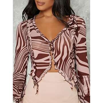 SOLY HUX Women's V Neck Lettuce Trim Button Front Long Sleeve Mesh Crop Top Blouse Printed Multicoloured M