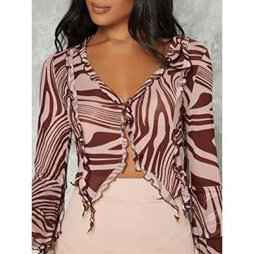 SOLY HUX Women's V Neck Lettuce Trim Button Front Long Sleeve Mesh Crop Top Blouse Printed Multicoloured M