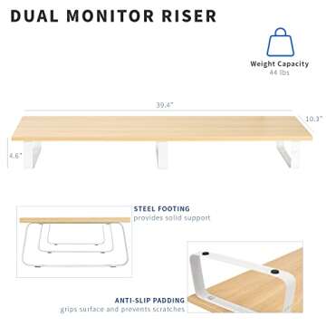 VIVO 39 inch Extra Long Monitor Stand, Wood and Steel Desktop Riser, Dual Screen, TV, Keyboard, Laptop, Ergonomic Desk and Tabletop Organizer, Light Wood, STAND-V000WL