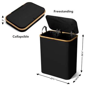 Luxe Laundry Clothing Hamper - 145L XL Laundry Basket with Bamboo Lid & Removable Inner Bag for Dirty Clothes - Free Standing, Tall, Collapsible, High-Capacity & Stylish Design Basket Bin, Black
