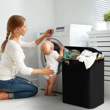 Luxe Laundry Clothing Hamper - 145L XL Laundry Basket with Bamboo Lid & Removable Inner Bag for Dirty Clothes - Free Standing, Tall, Collapsible, High-Capacity & Stylish Design Basket Bin, Black