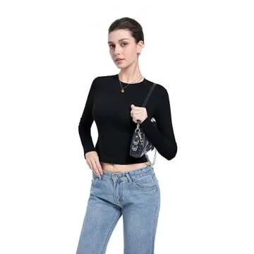 Abonlen Long Sleeve Shirts for Women Crewneck Basic Tees T Shirts Fitted Crop Tops Y2k Going Out Tops (Black,Small)