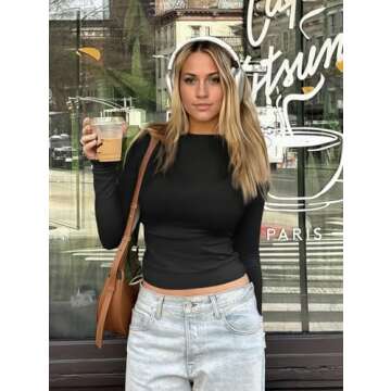 Abonlen Long Sleeve Shirts for Women Crewneck Basic Tees T Shirts Fitted Crop Tops Y2k Going Out Tops (Black,Small)