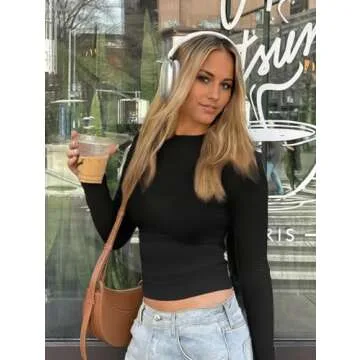 Abonlen Long Sleeve Shirts for Women Crewneck Basic Tees T Shirts Fitted Crop Tops Y2k Going Out Tops (Black,Small)