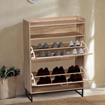 MISHAO Shoe Storage Cabinet with 2 Flip Drawers, Farmhouse Freestanding Shoe Cabinet with Metal Legs...