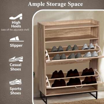 MISHAO Shoe Storage Cabinet with 2 Flip Drawers, Farmhouse Freestanding Shoe Cabinet with Metal Legs, Cubby and Shelf, Hidden Narrow Shoes Rack Organizer for Entryway Hallway, Natural