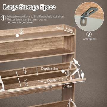 MISHAO Shoe Storage Cabinet with 2 Flip Drawers, Farmhouse Freestanding Shoe Cabinet with Metal Legs, Cubby and Shelf, Hidden Narrow Shoes Rack Organizer for Entryway Hallway, Natural