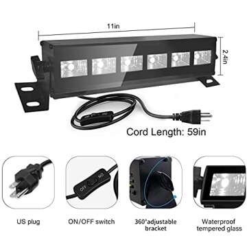Exulight Black Lights, LED Bar, 6LEDs x 3W Black Light for Glow Parties,Halloween and Christmas Party,Birthday,Wedding,Poster,Stage Lighting (6leds bar)