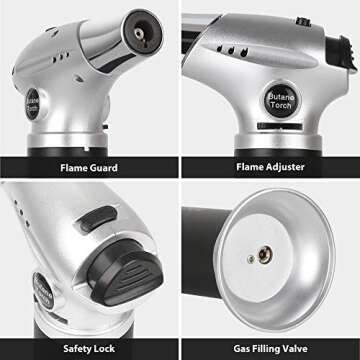 Butane Torch, Kollea Blow Torch Creme Brulee Torch Refillable Butane Torch Lighter Cooking Torch with Safety Lock & Adjustable Flame for Desserts, BBQ, Baking (Butane Gas Not Included, Black)