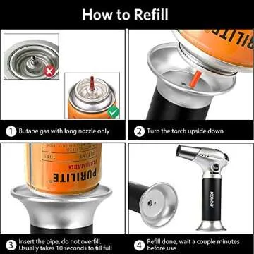 Butane Torch, Kollea Blow Torch Creme Brulee Torch Refillable Butane Torch Lighter Cooking Torch with Safety Lock & Adjustable Flame for Desserts, BBQ, Baking (Butane Gas Not Included, Black)