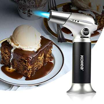 Butane Torch, Kollea Blow Torch Creme Brulee Torch Refillable Butane Torch Lighter Cooking Torch with Safety Lock & Adjustable Flame for Desserts, BBQ, Baking (Butane Gas Not Included, Black)