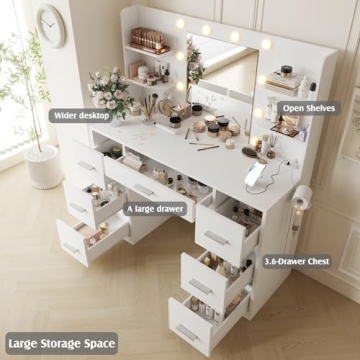 YESHOMY Vanity Desk with Adjustable Lighting and Storage