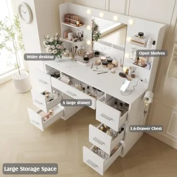 YESHOMY Vanity Desk with Adjustable Lighting and Storage