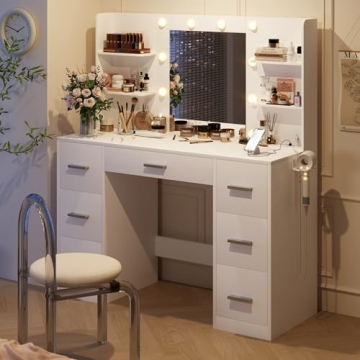 YESHOMY Vanity Desk with Adjustable Lighting and Storage