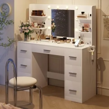 YESHOMY Vanity Desk with Adjustable Lighting and Storage