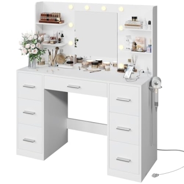 YESHOMY Vanity Desk with Adjustable Lighting and Storage
