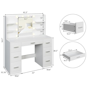 YESHOMY Vanity Desk with Adjustable Lighting and Storage
