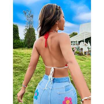 SweatyRocks Women's Backless Rainbow Striped Halter Tie Back Tops Sleeveless Knit Crop Top Multicolo...