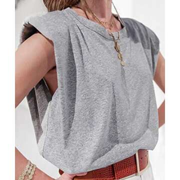 Meladyan Women’s Solid Cotton Padded Shoulder Sleeveless Tee Vest Crew Neck Loose Tank Tops Grey