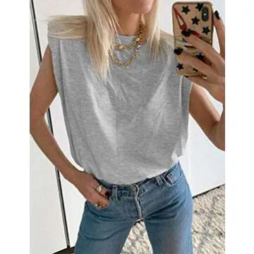 Meladyan Women’s Solid Cotton Padded Shoulder Sleeveless Tee Vest Crew Neck Loose Tank Tops Grey