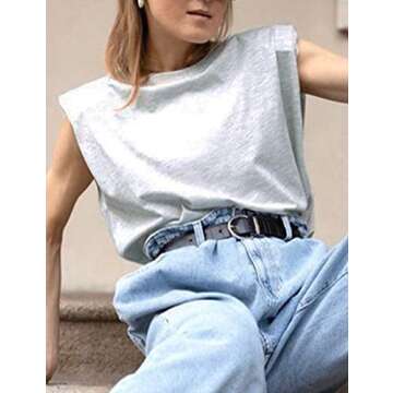 Meladyan Women’s Solid Cotton Padded Shoulder Sleeveless Tee Vest Crew Neck Loose Tank Tops Grey