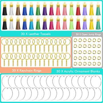 Acrylic Keychain Blanks, Audab 120pcs Blank Keychains for Vinyl Kit Including 30pcs Acrylic Discs, 30pcs keychain Tassels, 30pcs Gold Key chain Rings and 30pcs Jump Rings for DIY Keychain, Vinyl Craft