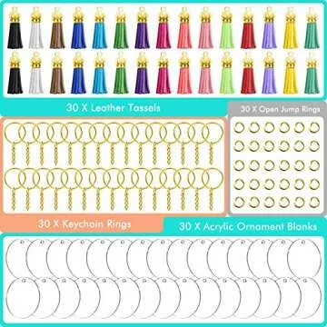 Acrylic Keychain Blanks, Audab 120pcs Blank Keychains for Vinyl Kit Including 30pcs Acrylic Discs, 30pcs keychain Tassels, 30pcs Gold Key chain Rings and 30pcs Jump Rings for DIY Keychain, Vinyl Craft