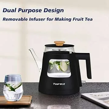 Topwit Electric Kettle, 1.0L Electric Tea Kettle with Removable Stainless Steel Infuser, BPA-Free Electric Glass Kettle with Window, Double Wall Water Warmer, Gooseneck Kettle, Auto-shut Off, Black