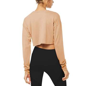 Bestisun Cropped Long Sleeve Yoga Shirts for Women Workout Dance Crop Tops Khaki M