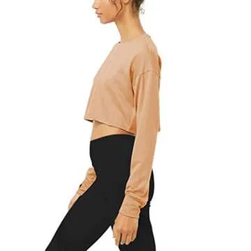 Bestisun Cropped Long Sleeve Yoga Shirts for Women Workout Dance Crop Tops Khaki M