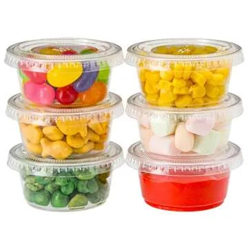 DuraHome Plastic Portion Cups with Lids 2 oz. Pack of 150 Leakproof Jello Shot Cup Mini Containers for Salad Dressing Sauce Condiment Snack Souffle and Salsa, Disposable