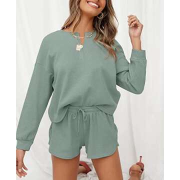 Lingswallow Women Waffle Lounge Sets - Long Sleeve and Shorts Pajama Set Two Piece Outfits for Women Sweatsuits loungewear