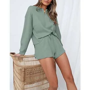 Lingswallow Women Waffle Lounge Sets - Long Sleeve and Shorts Pajama Set Two Piece Outfits for Women Sweatsuits loungewear