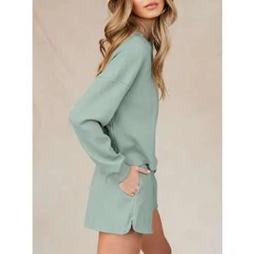 Lingswallow Women Waffle Lounge Sets - Long Sleeve and Shorts Pajama Set Two Piece Outfits for Women Sweatsuits loungewear