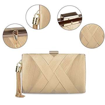KISSCHIC Women's Elegant Tassel Evening Clutch Bag Stain Fabric Clutch Purse for Bride Wedding Prom Night Out Party (Gold)