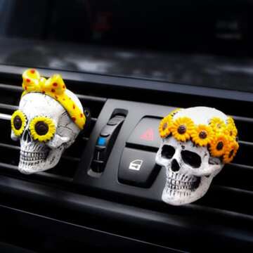 Halloween Skull Car Accessories For Women, Teens, Sunflower Skull Air Freshener Car, Car Skull Decor, Hippie Car Accessories, Girls Auto Vent Halloween Gifts Decorations, Christmas Gifts