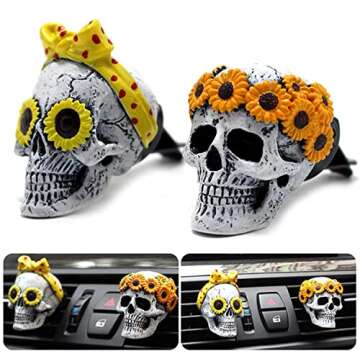Halloween Skull Car Accessories For Women, Teens, Sunflower Skull Air Freshener Car, Car Skull Decor, Hippie Car Accessories, Girls Auto Vent Halloween Gifts Decorations, Christmas Gifts