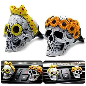 Halloween Skull Car Accessories For Women, Teens, Sunflower Skull Air Freshener Car, Car Skull Decor, Hippie Car Accessories, Girls Auto Vent Halloween Gifts Decorations, Christmas Gifts
