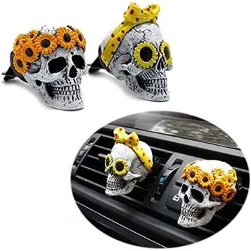 Halloween Skull Car Accessories For Women, Teens, Sunflower Skull Air Freshener Car, Car Skull Decor, Hippie Car Accessories, Girls Auto Vent Halloween Gifts Decorations, Christmas Gifts