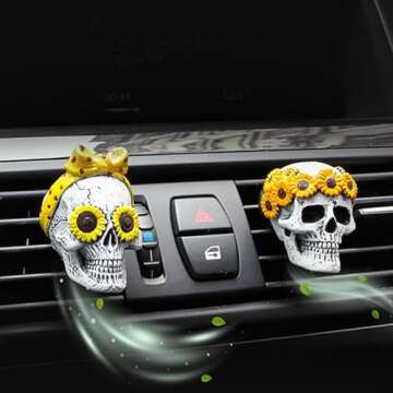Halloween Skull Car Accessories For Women, Teens, Sunflower Skull Air Freshener Car, Car Skull Decor, Hippie Car Accessories, Girls Auto Vent Halloween Gifts Decorations, Christmas Gifts