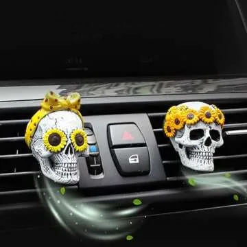 Halloween Skull Car Accessories For Women, Teens, Sunflower Skull Air Freshener Car, Car Skull Decor, Hippie Car Accessories, Girls Auto Vent Halloween Gifts Decorations, Christmas Gifts
