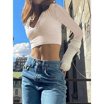 Women Knit Long Sleeve Crop Tops V Neck Ribbed Slim Fit Tee T Shirt Sexy Blouses Retro Going Out Str...