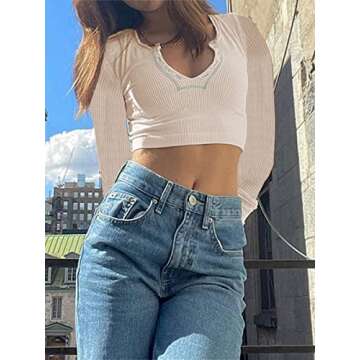 Women Knit Long Sleeve Crop Tops V Neck Ribbed Slim Fit Tee T Shirt Sexy Blouses Retro Going Out Streetwear (C-Apricot,Medium)