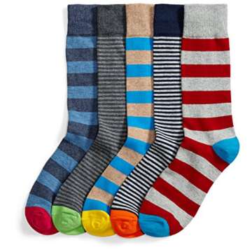 Amazon Essentials Men's Comfortable Patterned Dress Socks, 5 Pairs, Mini Stripe/Stripe, One Size